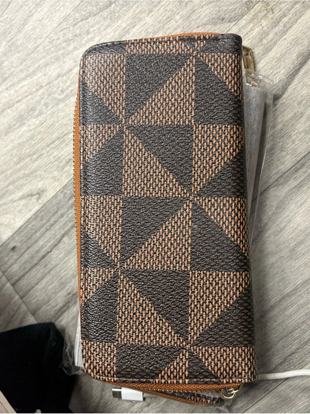 Men's Zip-Around Wallet in Brown/Black Checker Pattern